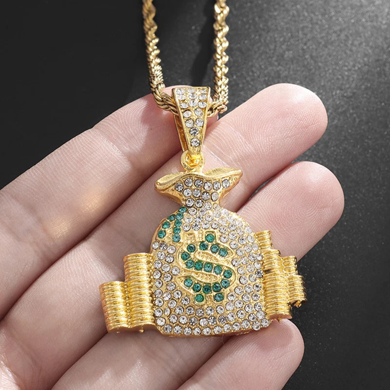 Money Bag Pendant Necklace With Rope Chain Gold Color Hip Hop Punk Bling Iced Out Zircon Cool Men's Rock Biker Neck Jewelry Gift