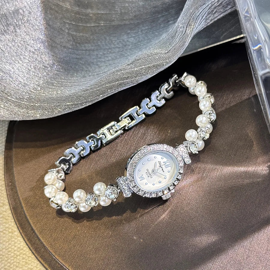 New Hot Pearl Bracelet Watch Luxury Diamond Encrusted Women Quartz Watch Oval Dial Ladies Wristwatches Dropshipping clock