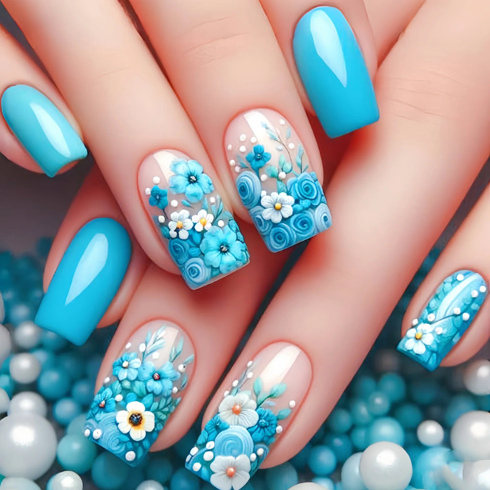 24pcs Mini Flower Press on Nails with Glue Painting Floral Acrylic Fake Nails Spring Design Short Square False Nails for Girls