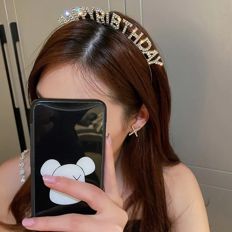 Shiny Rhinestone English Letters Happy Birthday Headband for Women Zinc Alloy Material  Party Jewelry Popular Hair Accessory