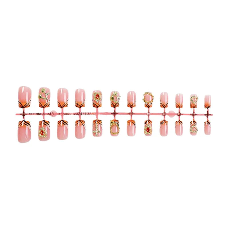 24pcs French Fake Nails with Glue Animal Print False Nails Short Square Press on Nails Diamond Cross Nail Press Ons Sweet Cool