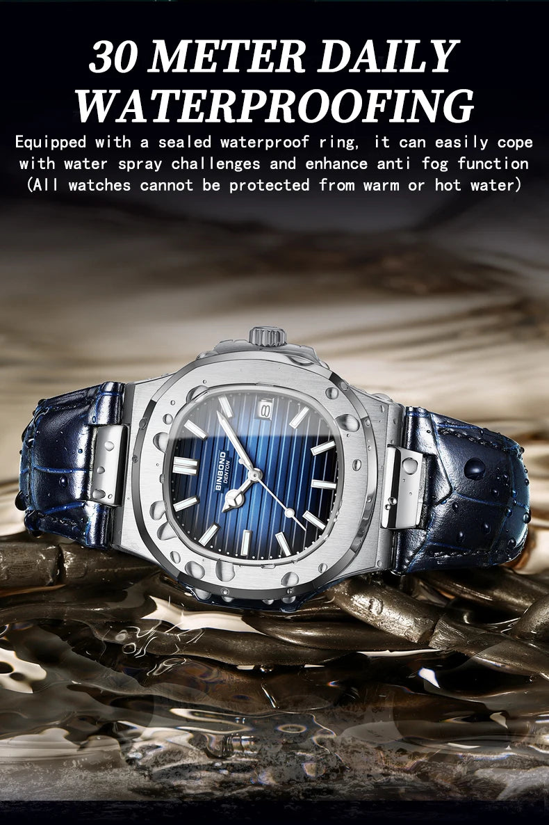 BINBOND Top Luxury Square Man Watch Date Waterproof Luminous Watch High Quality Leather Quartz Men's Watches Relogio Masculino