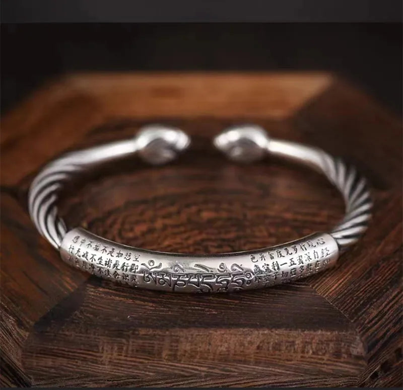 Silver-Plated Retro Six-Character Mantra Bracelet Men\\'s Heart Sutra Cuff Bangles Buddhist Religion Lucky Amulet Jewelry