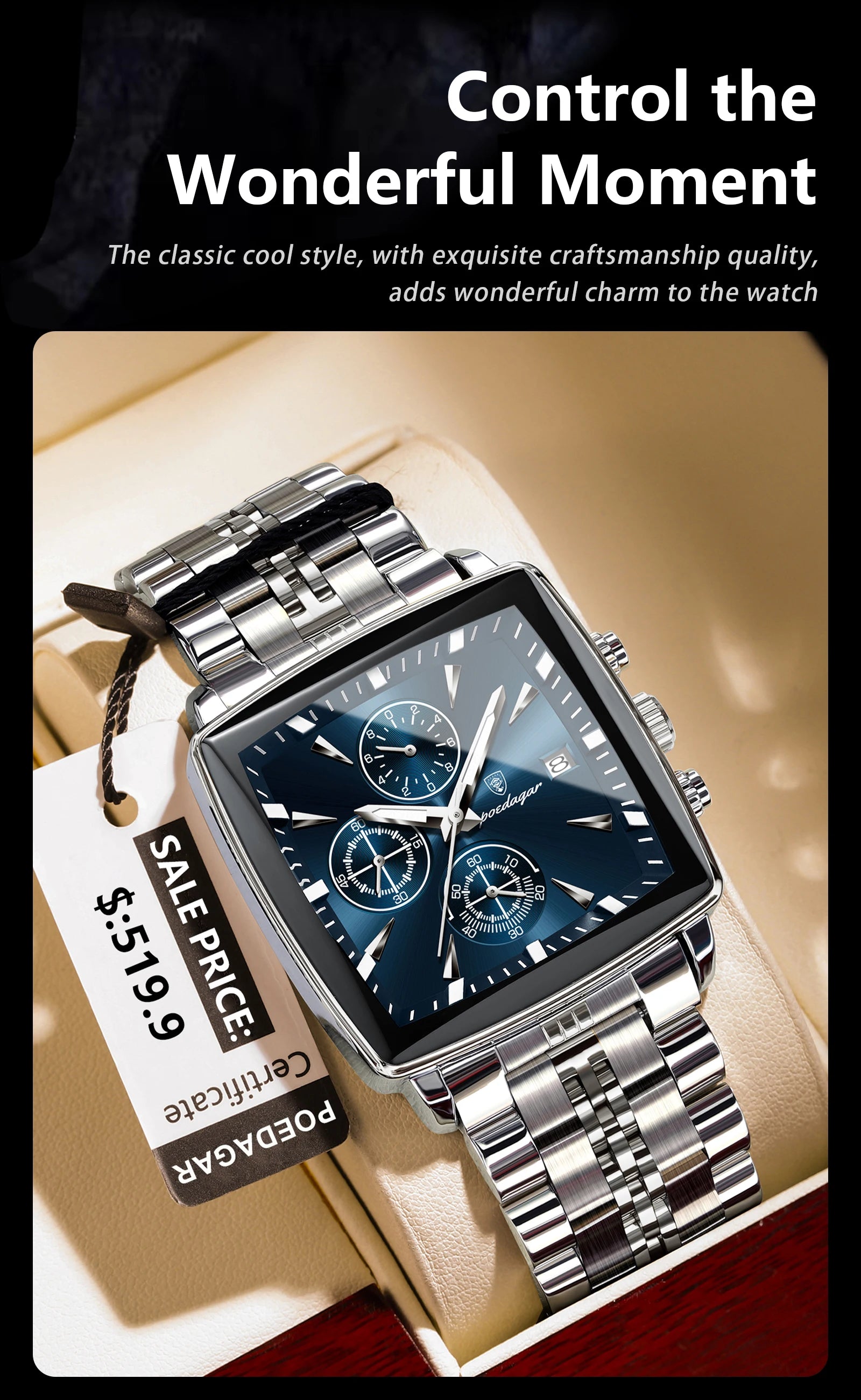 POEDAGAR Square Men Watch Waterproof Luminous Chronograph Calendar Man Wristwatch Stainless Steel Quartz Men's Watches+Box Reloj