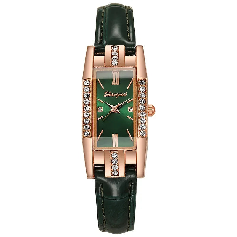 Small Square Watch with Rhinestones for Women Simple Casual Fashion Small Green Quartz Watch Ladies Wrist Watches Reloj Mujer