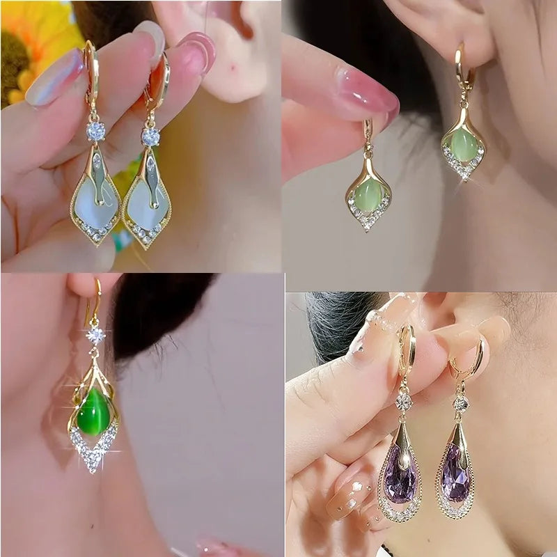 Trend Korean New Zircon Earrings for Women Fashion White Green Moonlight Cat Eye Stone Earrings Party Jewelry Gifts Aretes