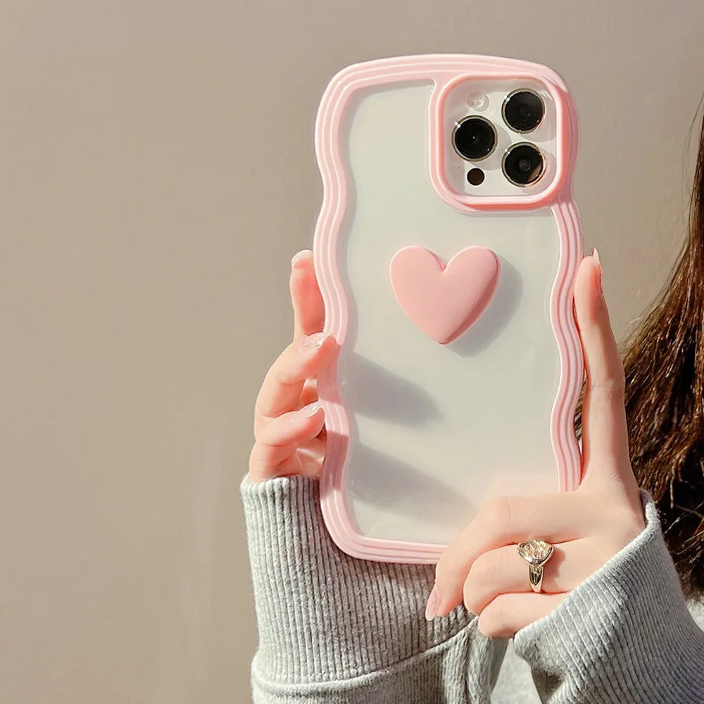 Wave Frame Cover For iPhone 15 11 14 12 13 Pro Max X XR XS Max 7 8 14 15 Plus SE 2020 2022 3D Love Heart Transparent Case Ccover