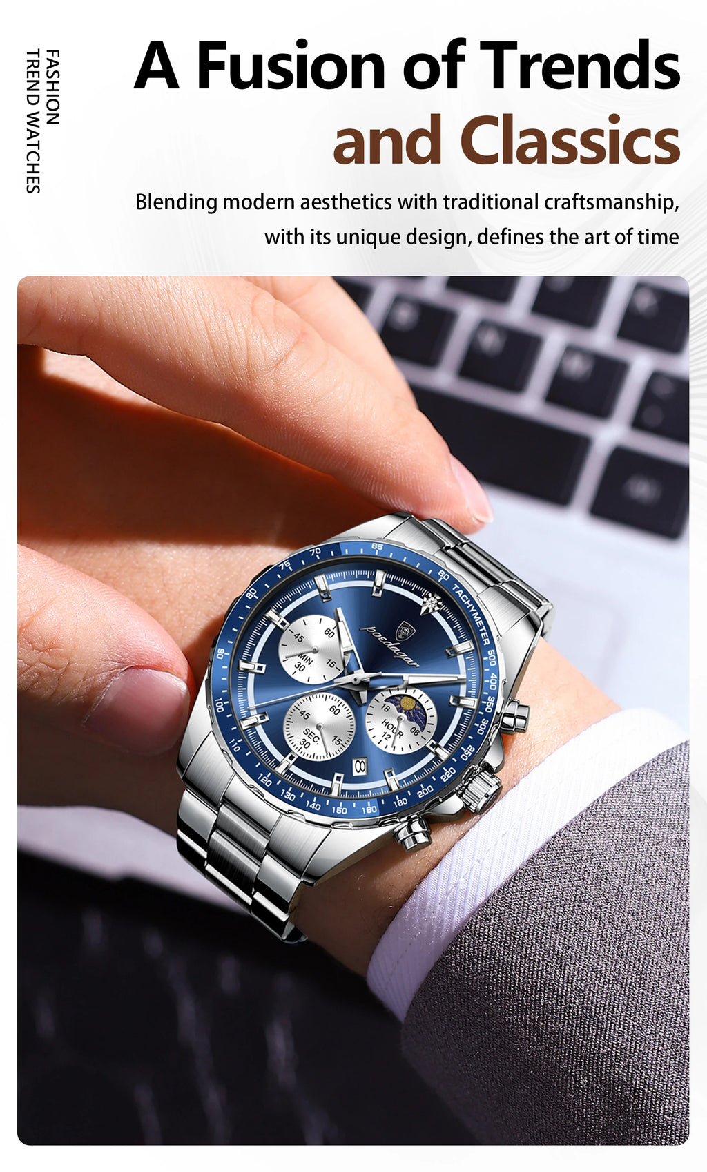 POEDAGAR Luxury Sport Watch For Men Waterproof Luminous Date Chronograph Man Wristwatch Stainless Steel Men's Quartz Watches+Box