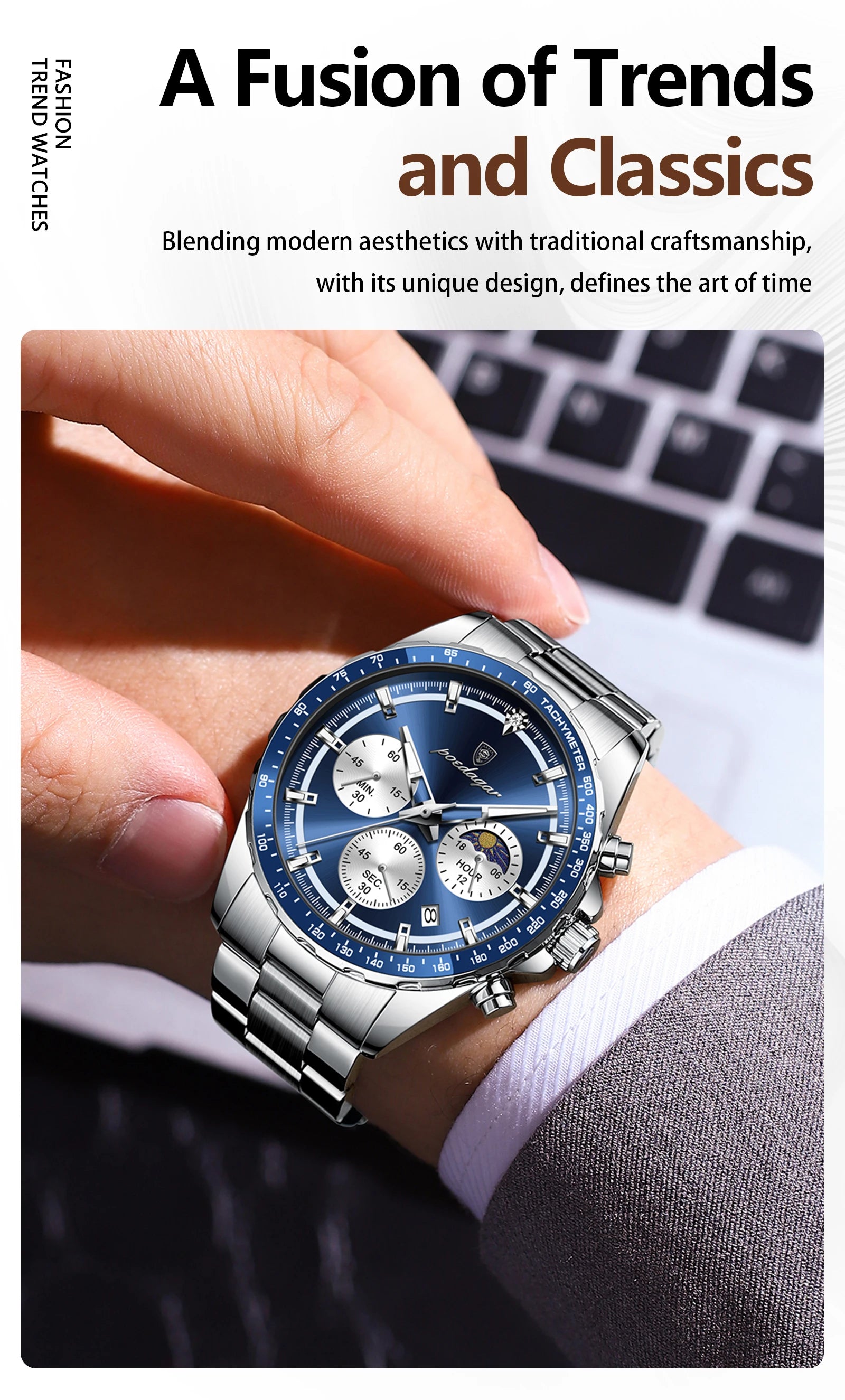 POEDAGAR Luxury Sport Watch For Men Waterproof Luminous Date Chronograph Man Wristwatch Stainless Steel Men's Quartz Watches+Box