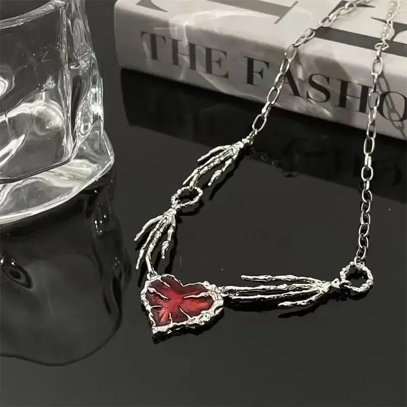 New Red Love Heart Pendant Necklace Women Exaggerated Clavicle Chain Niche Design Hand Bone Shape Charm Chain