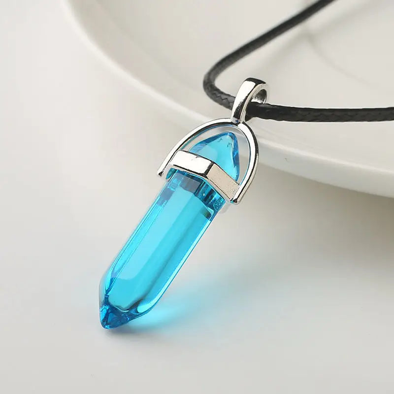 Natural Stone Pendant Necklace Ladies Girls Gift PU Leather Hexagonal Pillar Pointed Jewelry