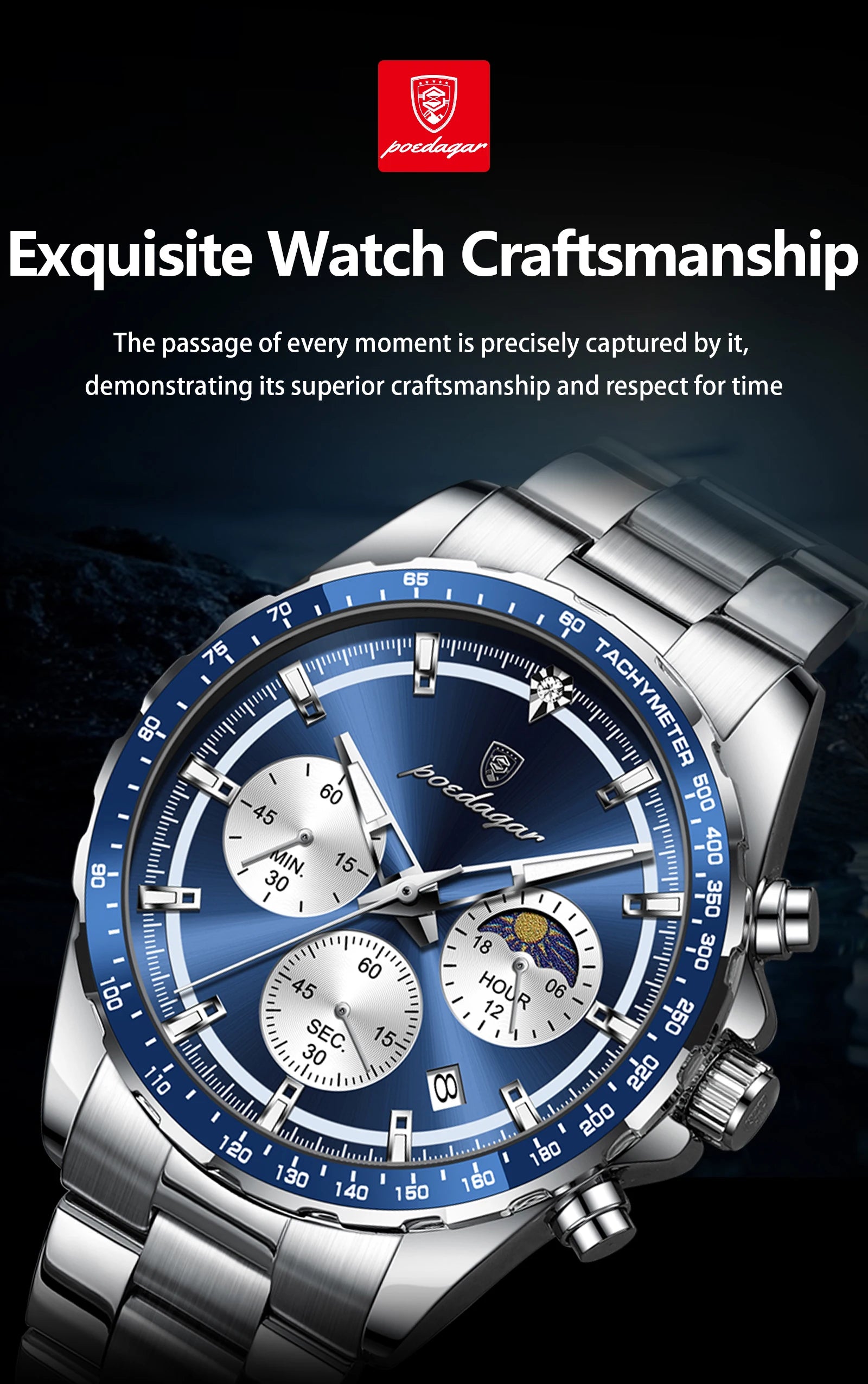 POEDAGAR Luxury Sport Watch For Men Waterproof Luminous Date Chronograph Man Wristwatch Stainless Steel Men's Quartz Watches+Box