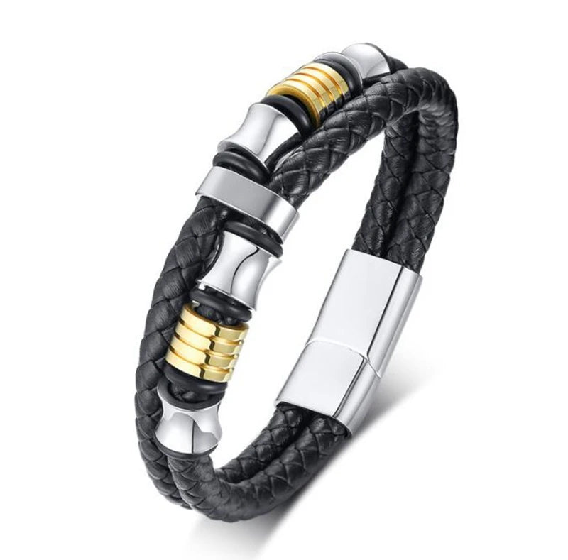 Classic Vintage Magnetic Buckle X Pendant Black Leather Bracelet, Suitable for Men\\\\\\'s Fashion Casual Rock Jewelry