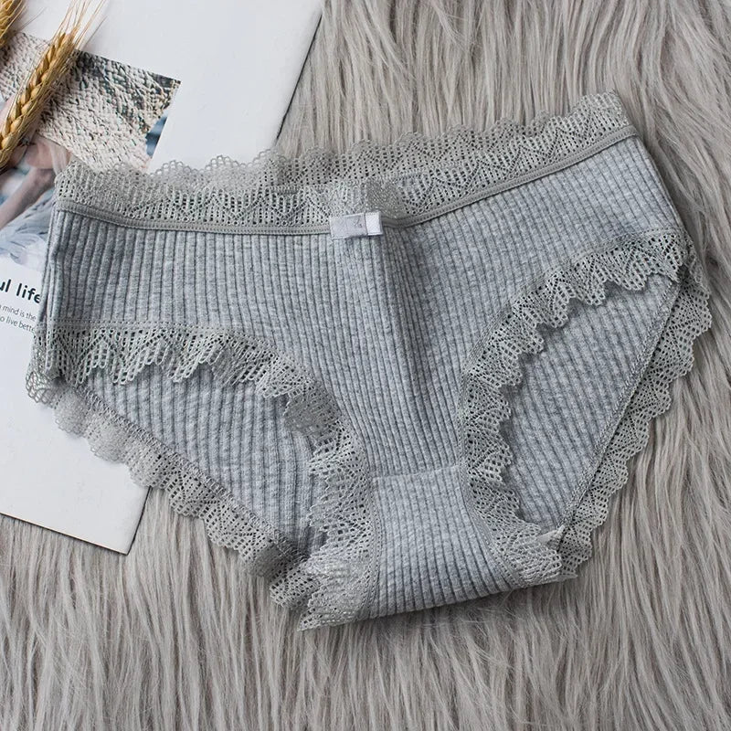 Casual Cotton Panties for Women Lace Mid Waist Underwear Threaded Brief Solid Color Skin Friendly Ladies Underpants Breathable
