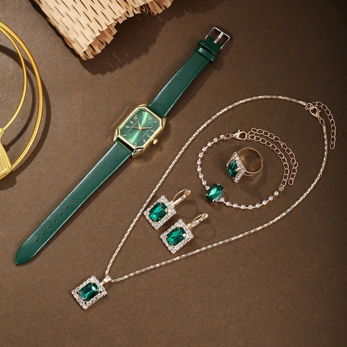 2024 New Leisure Fashion Leather Women's Business Square Quartz Watch Korean Rhinestone Jewelry Set Reloj Mujer Elegante