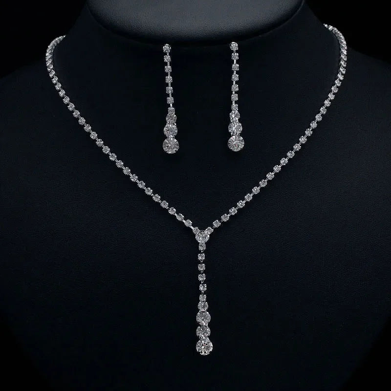 Luxury Crystal Bride Jewelry Set Rhinestone Wedding Dress Banquet Zircon Chain Necklace Dangle Earring Sets Ladies Accessories