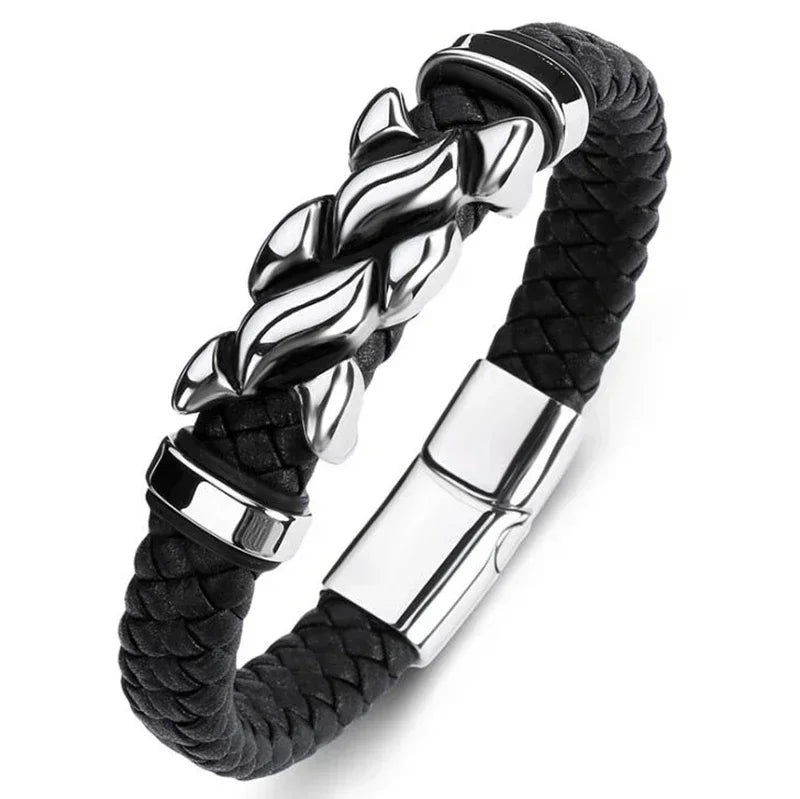 Classic Vintage Magnetic Buckle X Pendant Black Leather Bracelet, Suitable for Men\\\\\\'s Fashion Casual Rock Jewelry