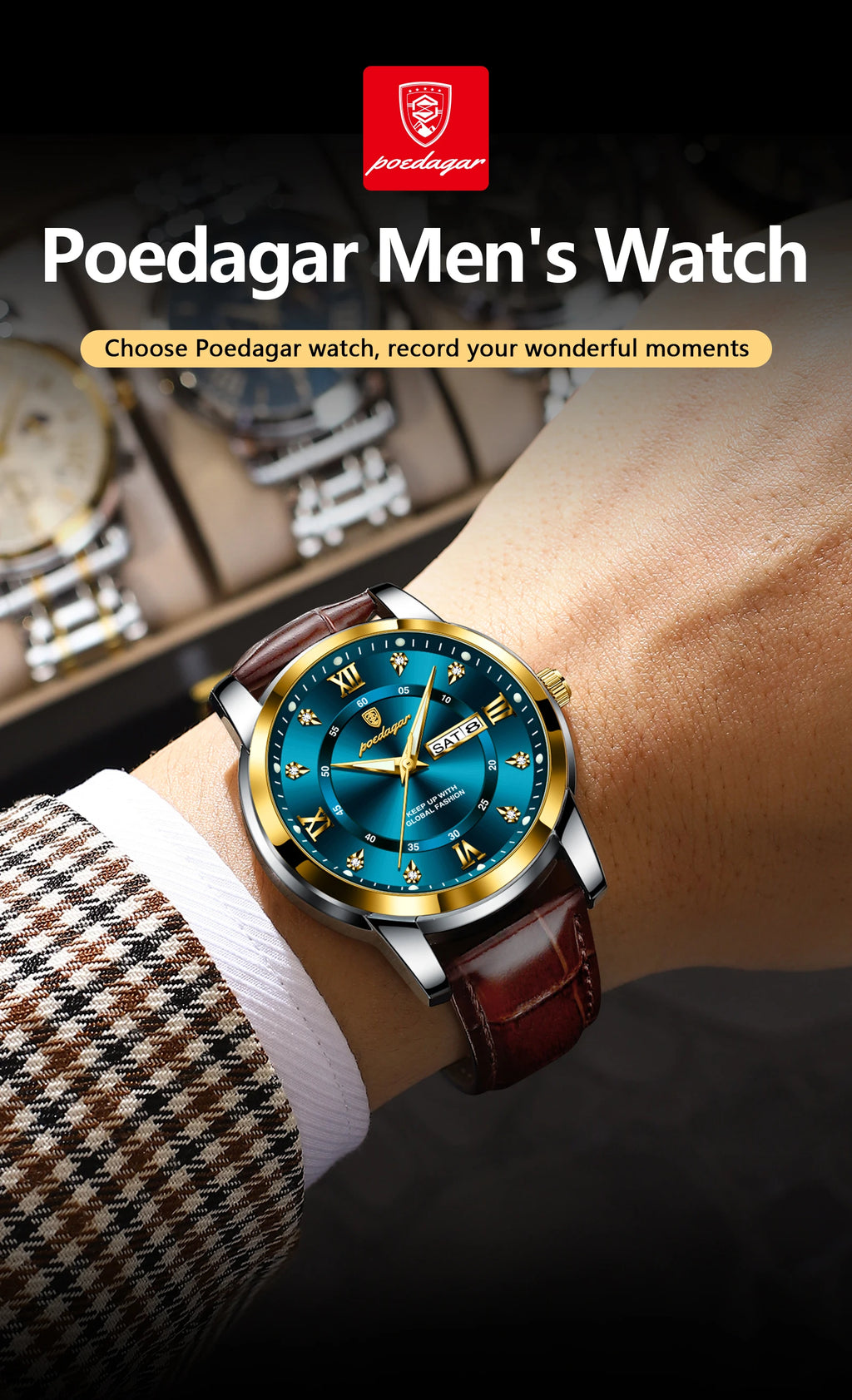 POEDAGAR Luxury Business Men Watch Waterproof Luminous Week Date Man Wristwatch High Quality Leather Sports Men's Quartz Watches