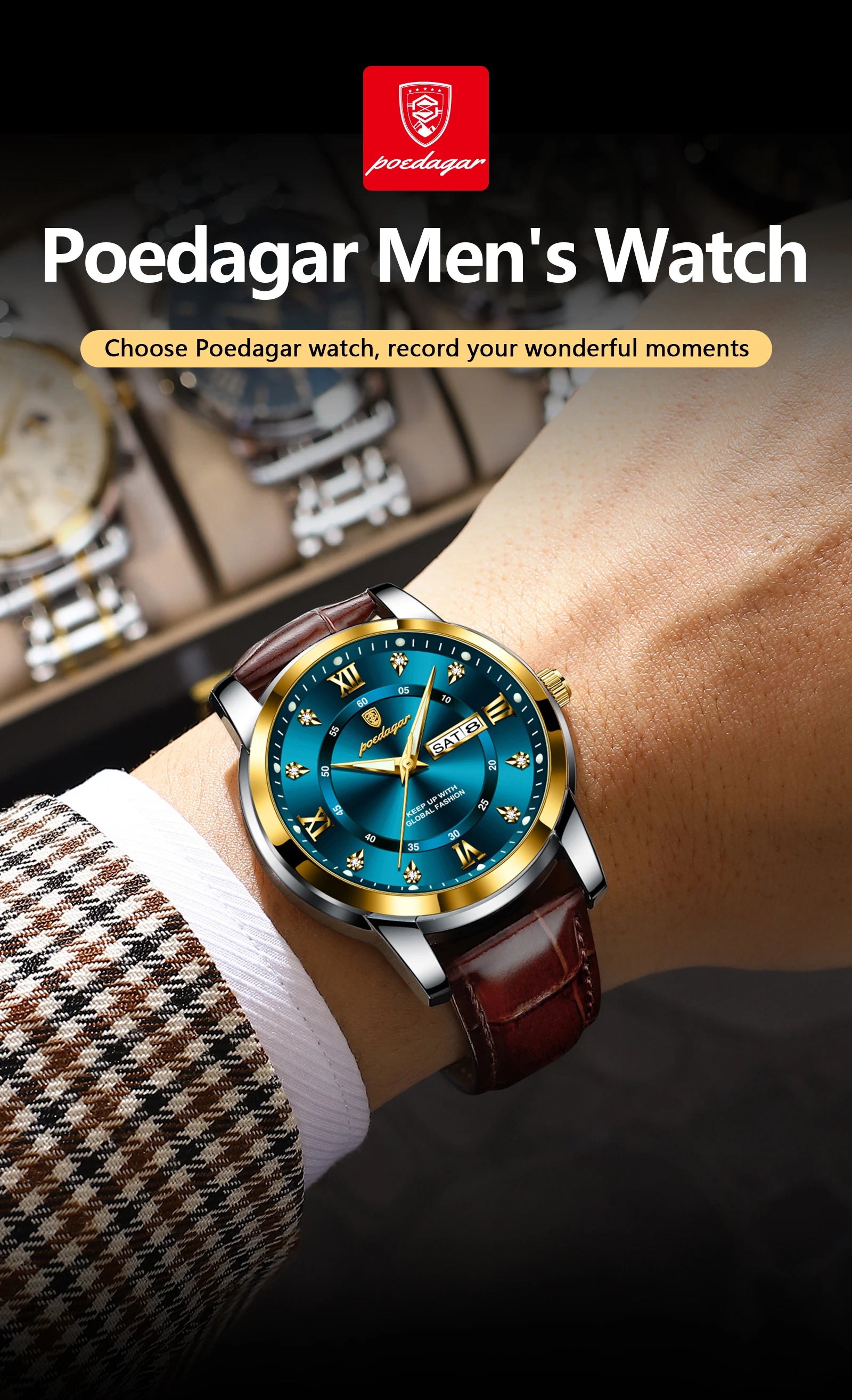POEDAGAR Luxury Business Men Watch Waterproof Luminous Week Date Man Wristwatch High Quality Leather Sports Men's Quartz Watches