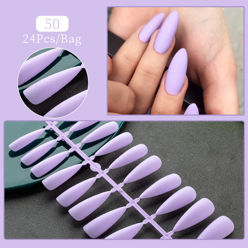 24Tips/Set False Nail Tips Press on Nails Design Wearable Full Cover Almond Coffin Nail Art Frosted Tips for Nail Extension Tool