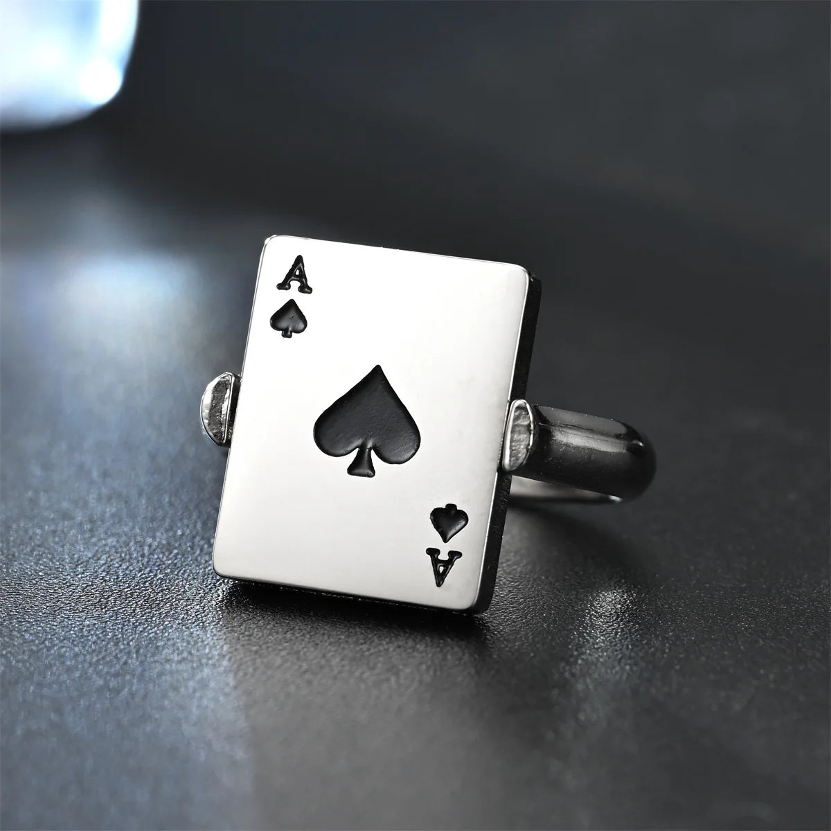 Hiphop Titanium Steel Ring For Men Women Reversible Poker Ace Of Spades Oil Drop Ring Jewelry Double-sided Spinner Finger Ring