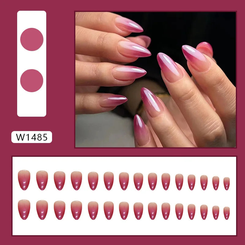 Sweet French 24 Pcs Press on Nails Pink Gradient Fake Nails Glossy Artificial Finger Manicure Reusable False Nails for Women