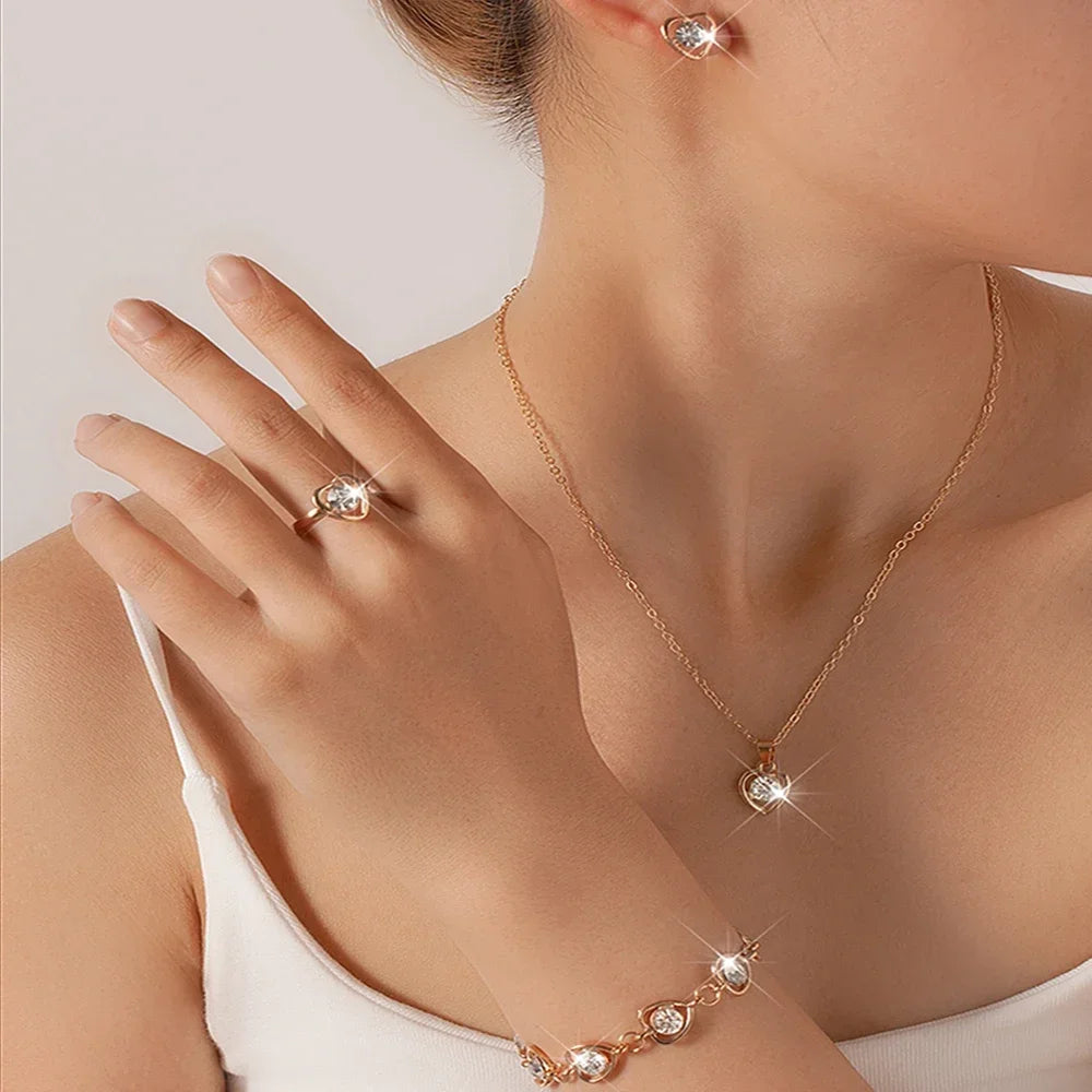 5 Piece Women's Fashion Personalized White Crystal Necklace Bracelet Ring Earring Set Jewelry Accessories