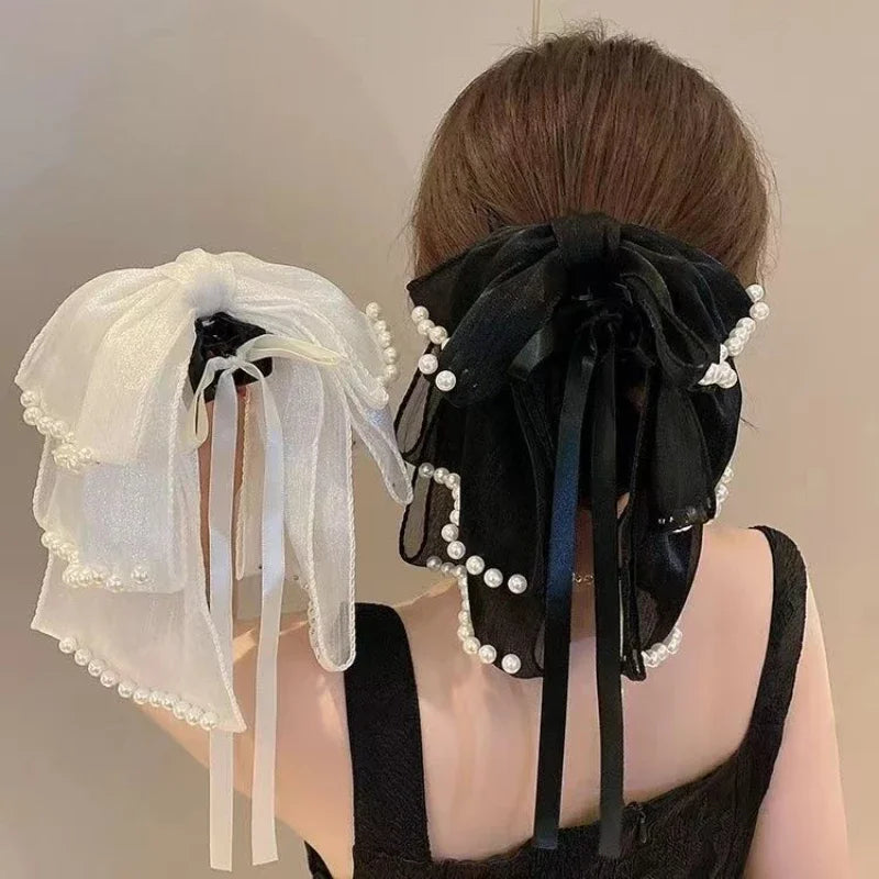 Large Pearl Bow Hair Claw Clip Sweet Elegant Hairpins Women Ponytail Hair Crab Clips Girls Mesh Ribbon Non-slip Hair Accessories