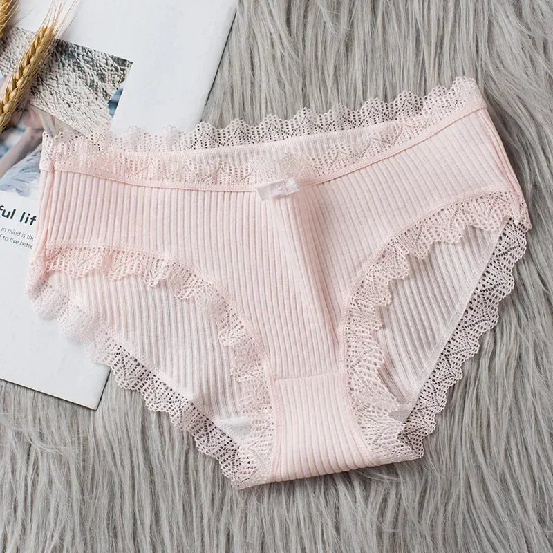 Casual Cotton Panties for Women Lace Mid Waist Underwear Threaded Brief Solid Color Skin Friendly Ladies Underpants Breathable