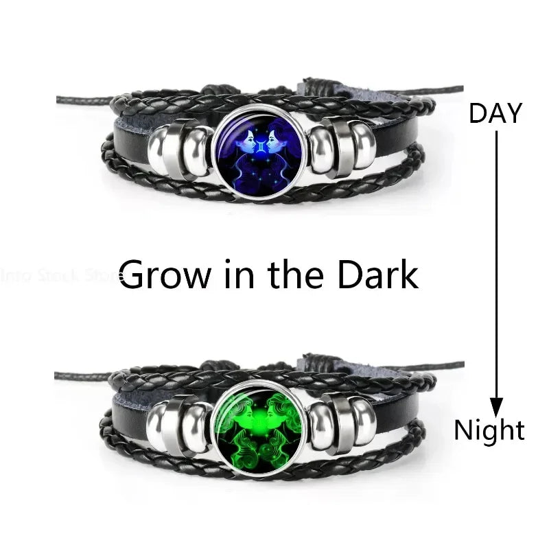 Gemini Leo Libra Scorpio Sagittarius 12 Constellation Luminous Bracelet Leather Bracelet Zodiac Charm Jewelry Bracelet for Men