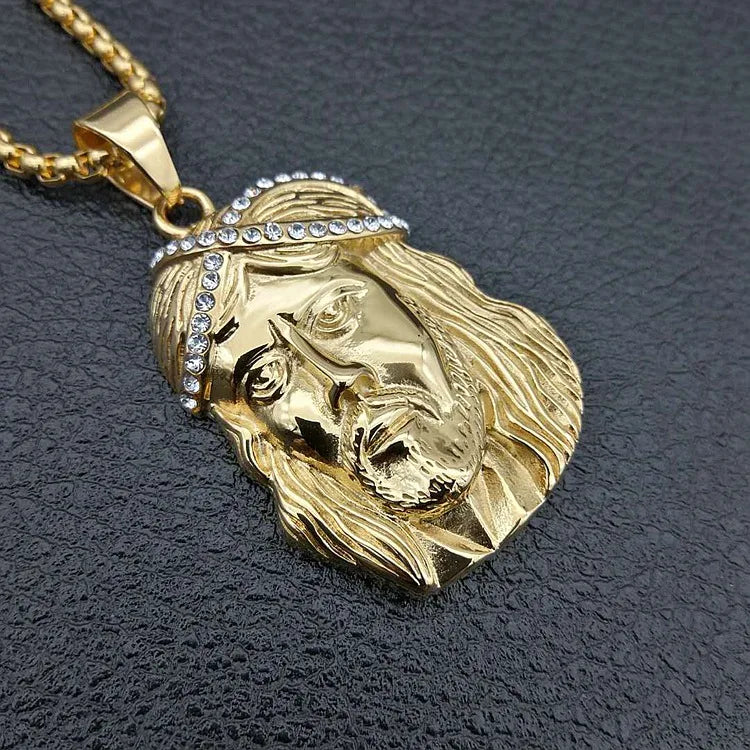 Christian Iced Out Bling Jesus Head Portrait Necklace Pendant Male and Female Cross Catholic Amulet Jewelry