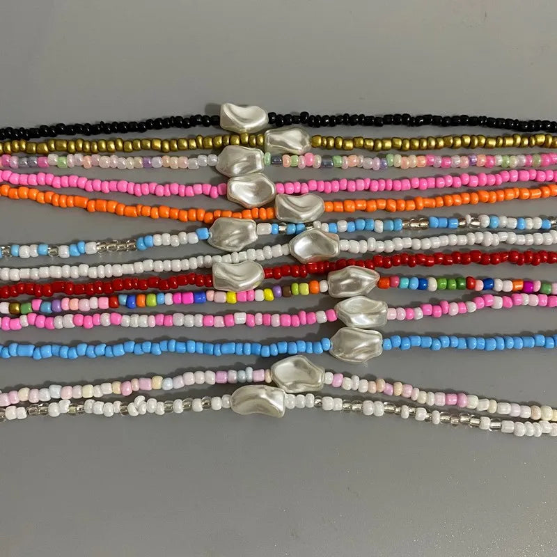 Fashion Boho Beads Necklace Women Imitation Pearl Seed Beaded Strand Short Choker Necklace Handmade Female Jewelry Wholesale