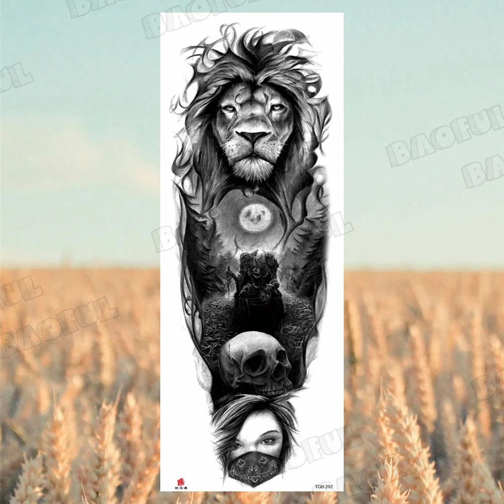 Arm Sleeve Temporary Tattoos For Women Men Realistic Wolf Lion Rosette War Maori Flower Fake Tattoo Stickers Sexy Thigh Tatoos