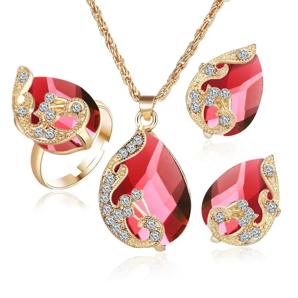 4PCS Trendy Water Droplets Peacock Jewelry Set Crystal Elegant Creative Series Peacock Exquisite Crystal Korean Edition Jewelry