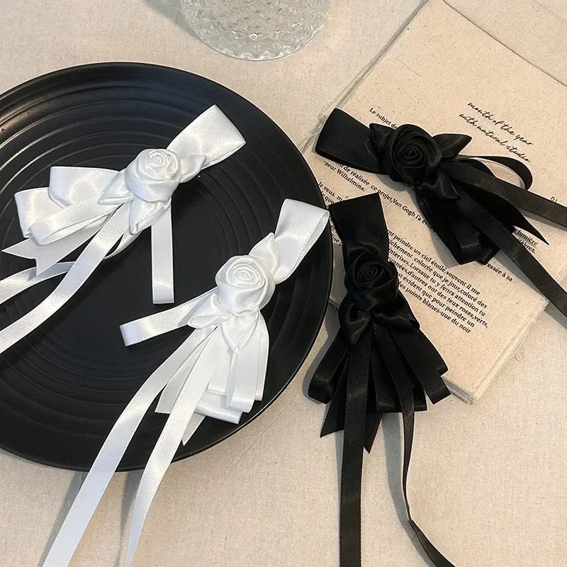 White Bow Ribbon Hair Clips Women Girls Elegant Flower Bowknot Satin Hairpins Ponytail Clip Wedding Party Barrette Accessories