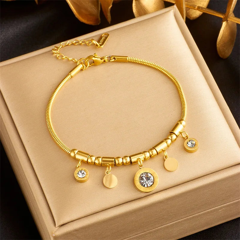 Stainless Steel Gold Color Roman Number Zircon Bracelet For Women Fashion Girls Charm Bracelets Party Jewelry Gifts
