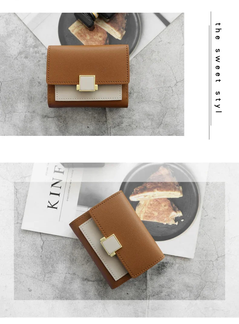 Patchwork Short Women's Wallet Fashion Square Clutch Money Credit Multiple Card Holders Metal Buckle Tri-Fold Ladies Coin Purse