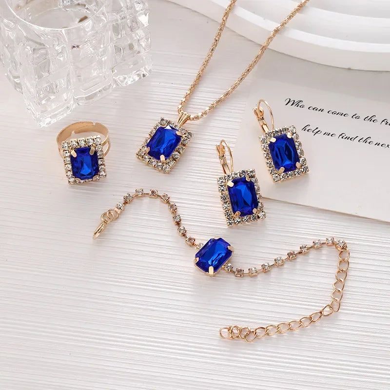 5PCS Zircon Jewelry Set Geometric Square Zircon Necklace Bracelet Ring for Women's Clavicular Chain Fashion  Jewelry Set