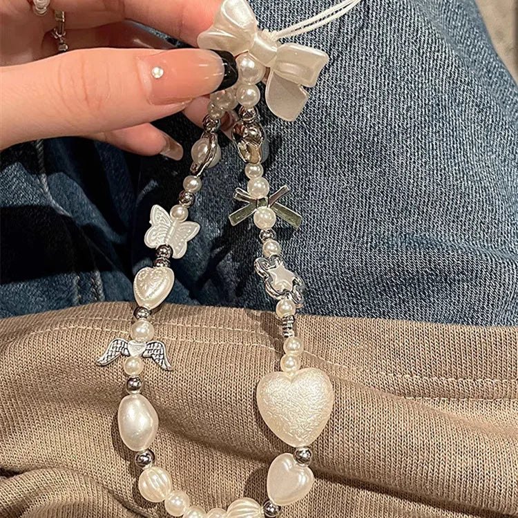 Korean Cute Ribbon Bow Love Heart Phone Chain Lanyard Charm Strap Bowknot Pendant For iPhone Samsung Phone Accessories Girl Gift