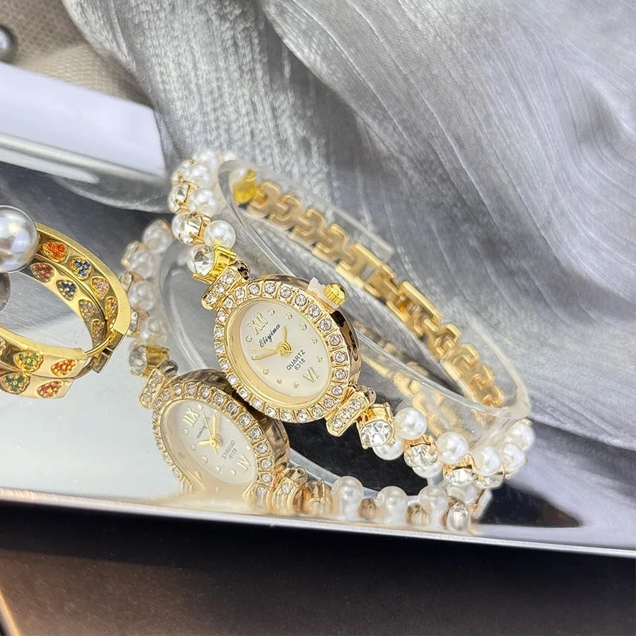 New Hot Pearl Bracelet Watch Luxury Diamond Encrusted Women Quartz Watch Oval Dial Ladies Wristwatches Dropshipping clock