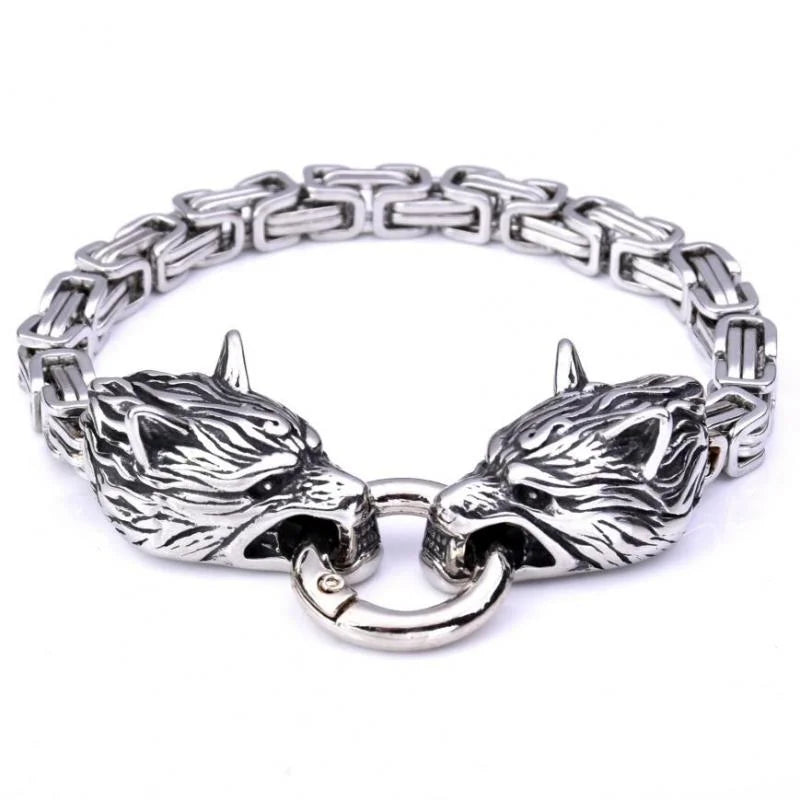 Nordic  Celtic Double Wolf Head Men's Stainless Steel Chain Bracelet Byzantine King Chain Punk Rock Party Jewelry
