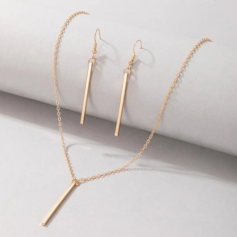 Elegant Gold Stick Jewelry Sets for Women Pendant Necklace Drop Earring Simlpe Adjustable Geometry Wedding Jewelry