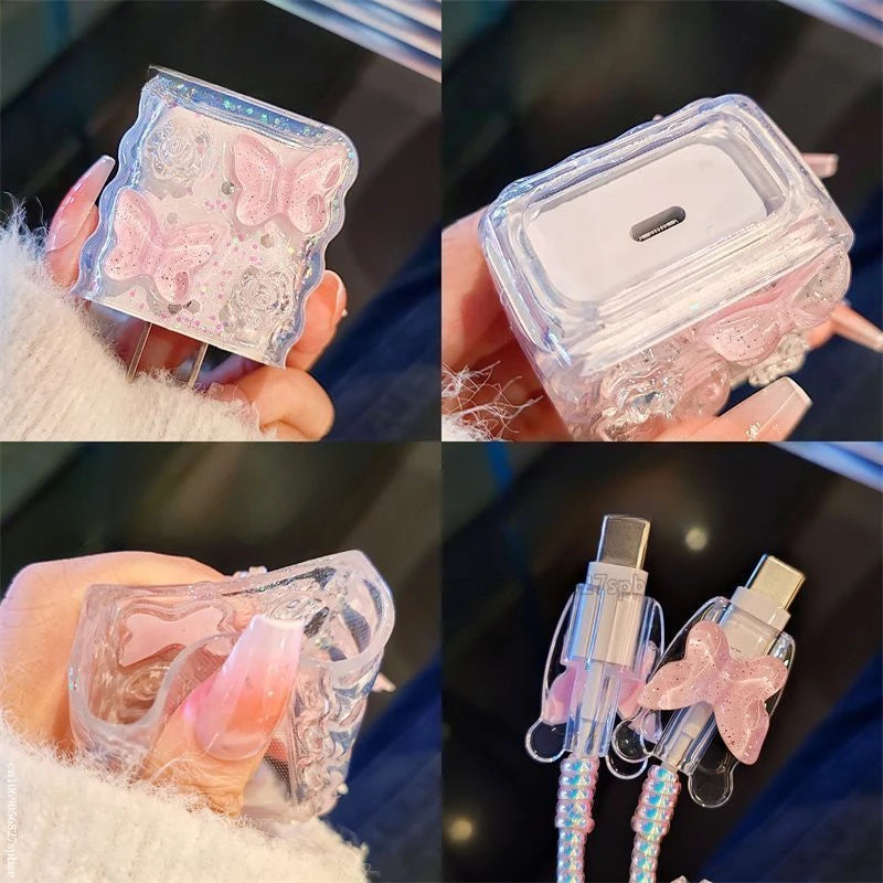 Pink Crystal Butterfly Charging Data Cable Protector Winder Accessories for iPhone 18/20w Cartoon Charger Protective Cover
