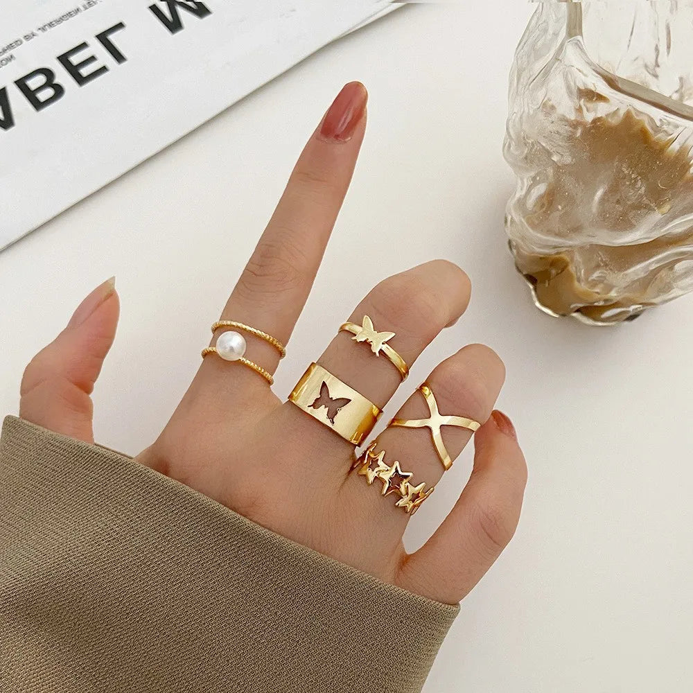 Vintage Korean Gold Silver Color Pearl Rings Set Jewelry For  Girls Butterfly Hollow Heart  Ring For Women Accessories